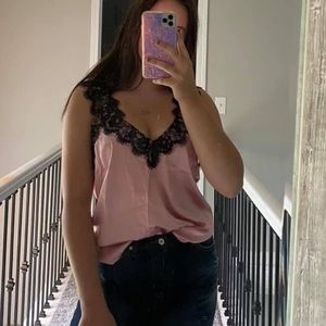 Pink polyester top with black lace